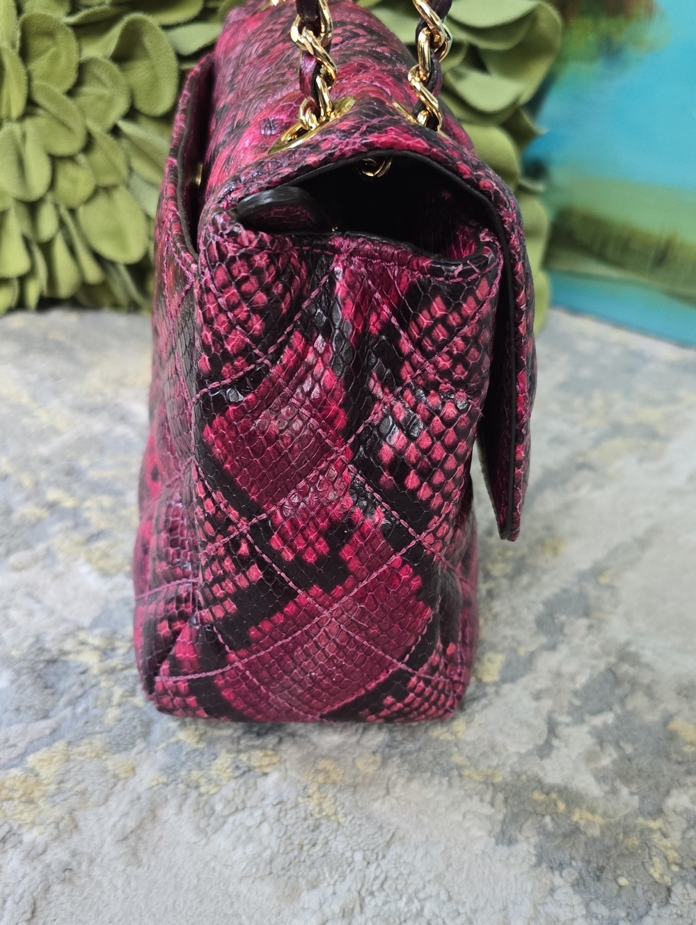 Michael Kors Sloan Fuchsia Quilted Snake Print Leather Chain Shoulder Bag - Picture 6 of 17